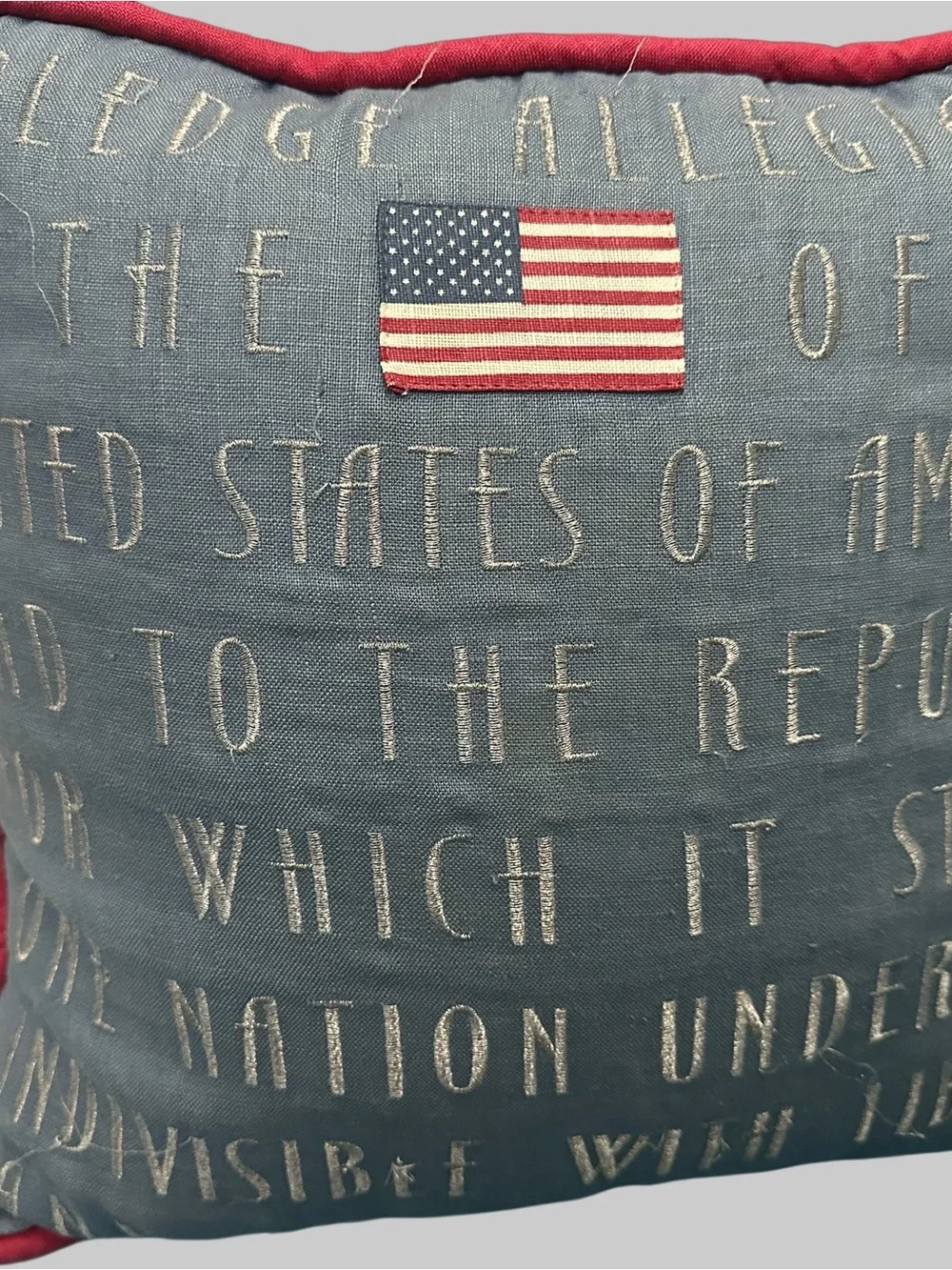 Patriotic Script Embroidered Throw Pillow with Flag Accent - Gray & Red